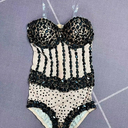 Sparkly Rhinestone Black Bodycon Sheer Mesh Bodysuit Nightclub Stage Outfit