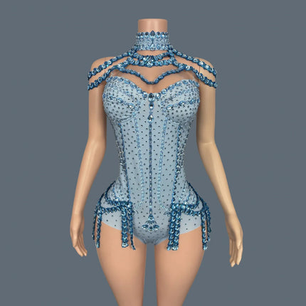 Sparkly Rhinestone Tassel Spandex Bodysuit Halter Dance Stage Costume Leotard