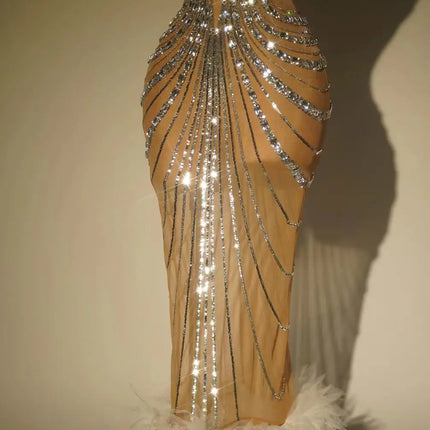 Sparkly Rhinestone & Sequin Sheer Illusion Long Dress Performance Costume