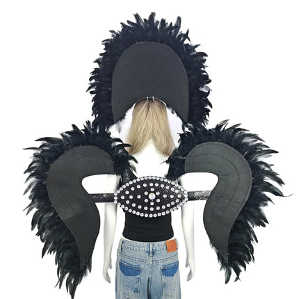 Carnival Elegant Ladies Feather Headdress Wings Two-Piece Role Play Catwalk Halloween Masquerade Carnival Party Suit