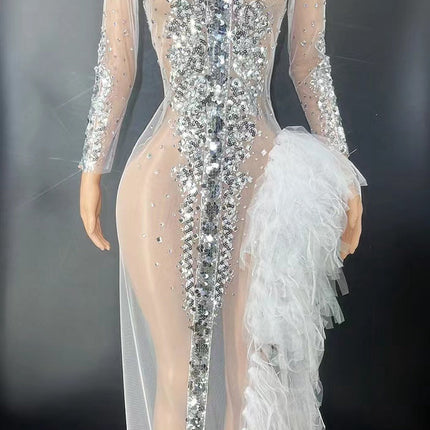 Sparkly Silver Sequin Long Sleeve Mesh Evening Dress High Split Stage Birthday Gown