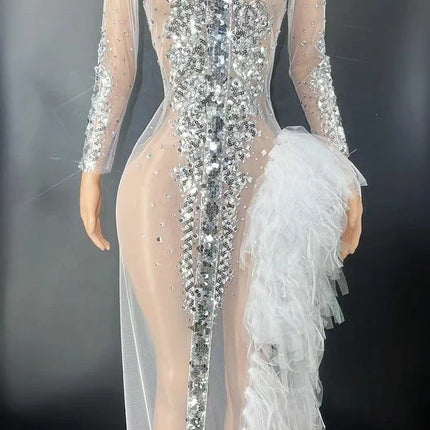 Sparkly Silver Sequin Long Sleeve Mesh Evening Dress High Split Stage Birthday Gown