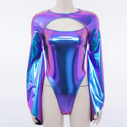 Metallic Flared Sleeve Cutout Disco Bodysuit & Metallic Rave Leotard