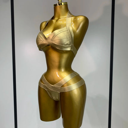 Gold Knitted Halter Bandage Two-Piece Set Stage Performance Costume Outfit