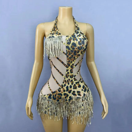 Sexy Backless Halter Leopard Fringe Bodysuit Women Bar Party Crystal Tassel Leotard Singer Concert Performance Dance Costume