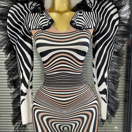 Zebra Print Illusion Catsuit & Feather Wing Bolero Jacket 2-Piece Stage Costume Set