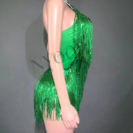 Sparkly Emerald Green Rhinestone Sequin Fringe Bodysuit Backless Stage Leotard