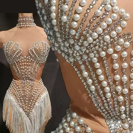 Sparkly Rhinestone, Pearl & Tassel Transparent Performance Dress Stage Costume