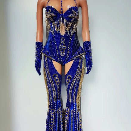 Rhinestone Tassel Hollow-Out Jumpsuit & Stage Performance Dance Romper