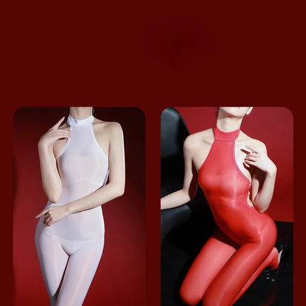 5D 912 PIN Backless Halter Oil Glossy Sheer Bodysuit Leotard
