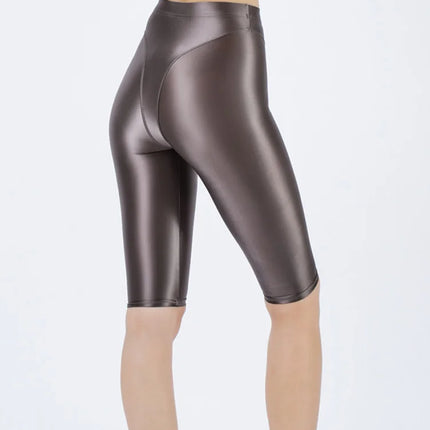 Oil Glossy High-Stretch Knee-Length Shorts Satin Shine Performance Biker Shorts