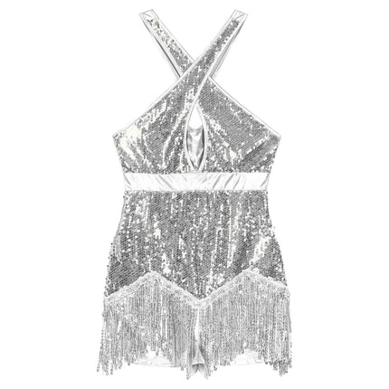 Sequined Fringe Cross-Front Latin Dance Leotard Costume Dress
