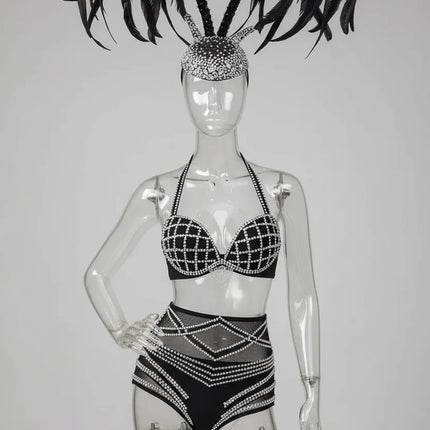 Silver Crystal Diamond Bikini & Sculptural Wing Headpiece Stage Performance Costume Set