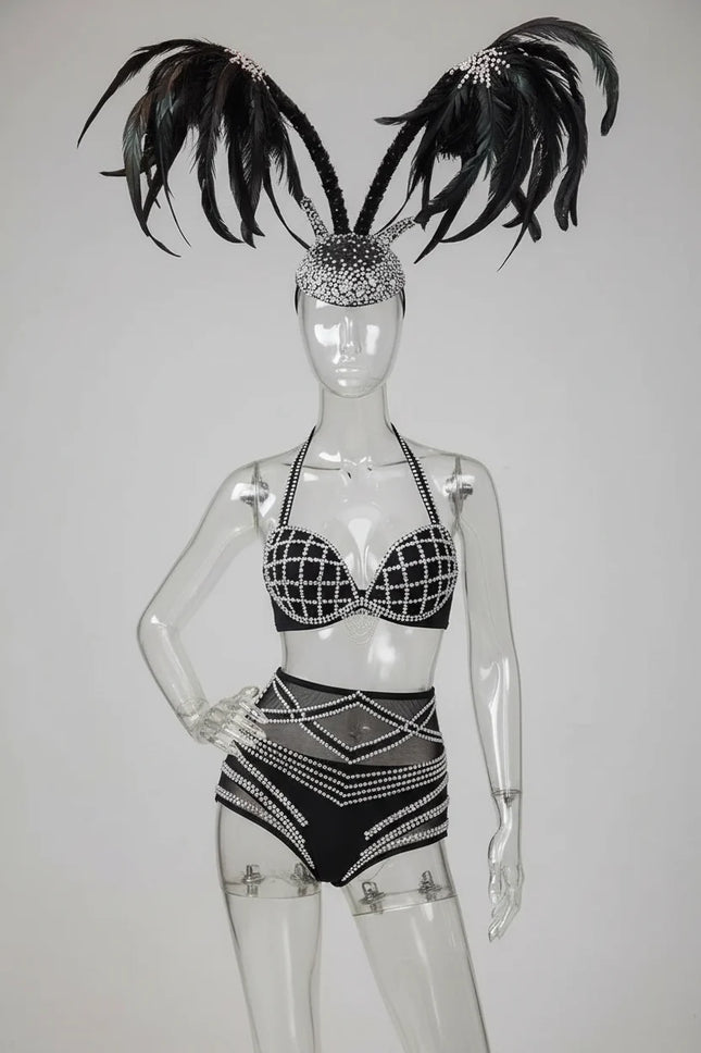 Silver Crystal Diamond Bikini & Sculptural Wing Headpiece Stage Performance Costume Set