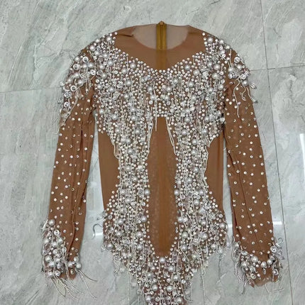 Sparkly Rhinestone, Pearl & Chain Long-Sleeve Mesh Bodysuit Stage Performance Costume