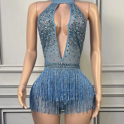 Sparkly Rhinestone Tassel Halter Bodysuit Deep V Backless Stage Dance Leotard