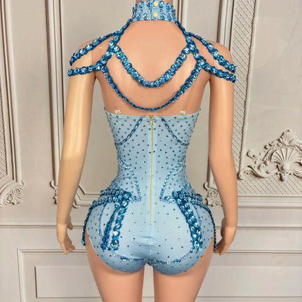 Sparkly Rhinestone Tassel Spandex Bodysuit Halter Dance Stage Costume Leotard