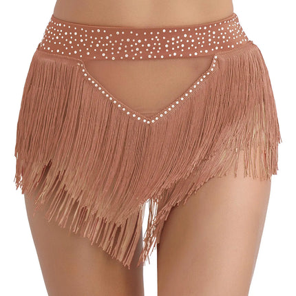 Rhinestone Tassel High-Waist Dance Shorts & Sheer Mesh Fringe Skirt