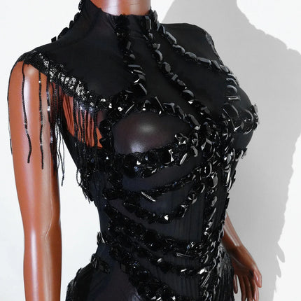 The Stardust Midnight Cabaret Bodysuit – Luxury Rhinestone & Mesh Showgirl Costume