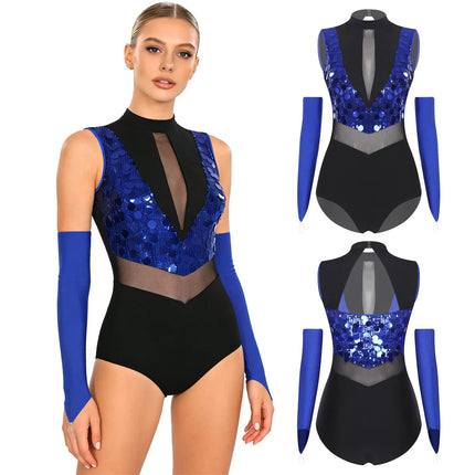 Sparkly Sequin Mock Neck Dance Leotard & Gloves Two-Piece Bodysuit Set