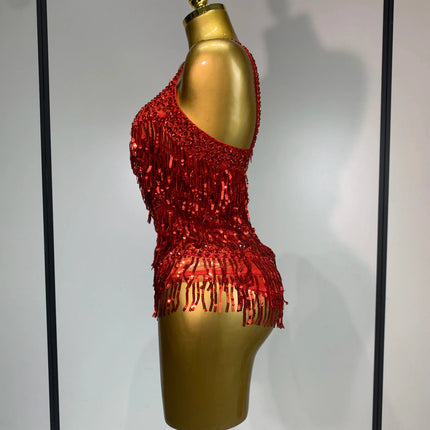 Sparkly Rhinestone Tassel Backless Mesh Bodysuit Luxury Stage Performance Costume