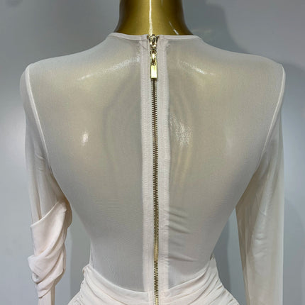 Ruched Mesh Draped Bodycon Maxi Dress Long Sleeve Illusion Evening Gown