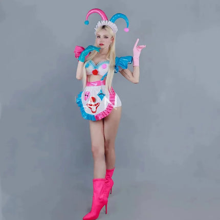 Halloween Clown Cosplay Costume Women Bar Role Playing Stage Performance Clothes Pink Blue Tops Shorts Dance Outfit
