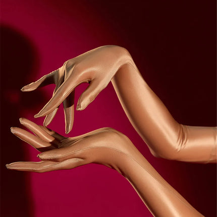 Oil Glossy Satin Smooth Five-Finger Long Elbow Gloves High-Stretch Luxury Evening Gloves