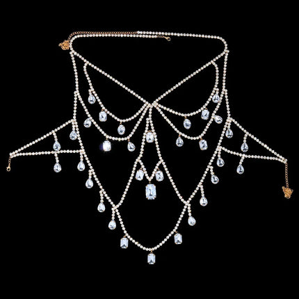 Oversized Glass Crystal Chest Chain Lingerie Vest Drag Queen Stage Body Jewelry