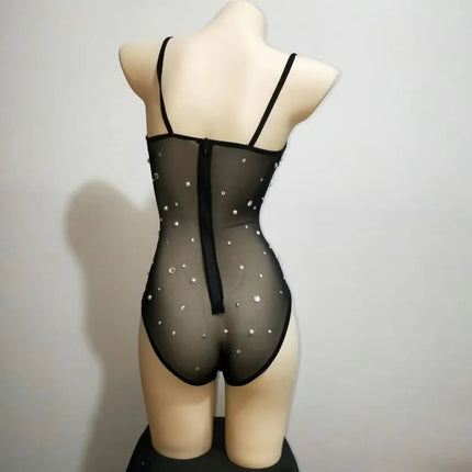Sparkly Silver Crystal Rhinestone Mesh Leotard Stage Performance Costume