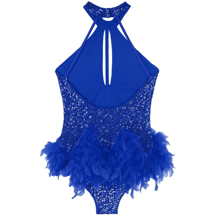 The Stardust Empress Royale – Sequined & Feathered Latin Dance Leotard Dress