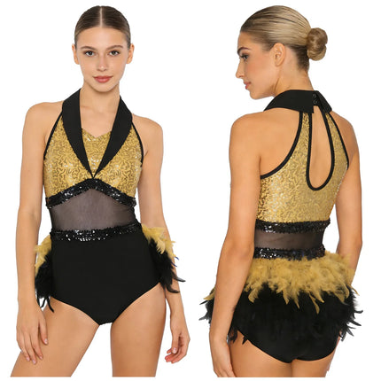 Women's Shiny Sequin Sheer Mesh Feather Latin Jazz Dance Bodysuit