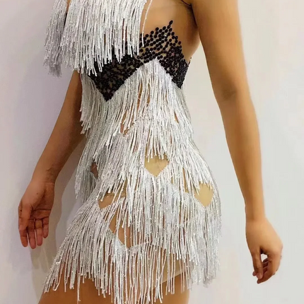 White Pearl Rhinestone Fringe Mini Dress Spaghetti Strap Cocktail Stage Costume