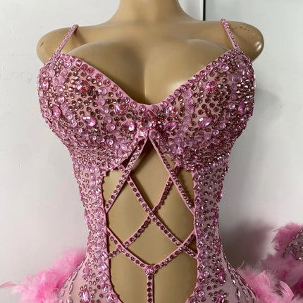 The Stardust Follies Feather Bodysuit – Luxury Rhinestone & Mesh Showgirl Costume
