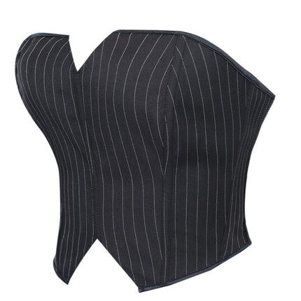 Black Striped Overbust Corset Top Zipper Front Lace-Up Bustier Body Shaper