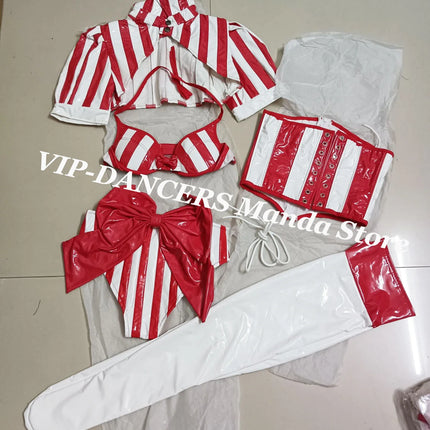 Red & White Striped Candy Cane Bikini & Girdle Gogo Performance Costume Set