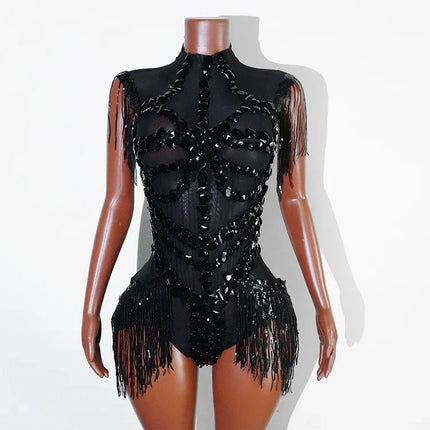 The Stardust Midnight Cabaret Bodysuit – Luxury Rhinestone & Mesh Showgirl Costume