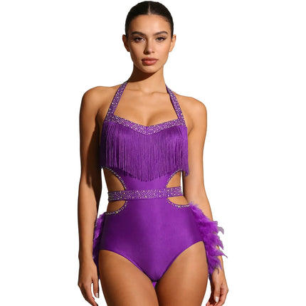 Glittery Rhinestone & Faux Feather Latin Dance Leotard Halter Bodysuit
