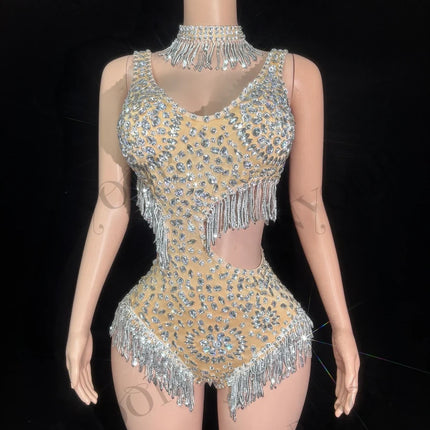 Sparkly Rhinestone Tassel Mock Neck Bodysuit Sleeveless Showgirl Stage Leotard
