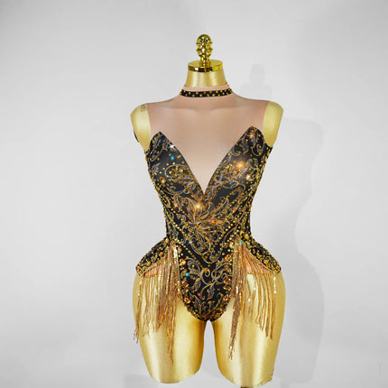 Gold Rhinestone & Tassel Sleeveless Bodysuit Salsa Latin Dance Stage Costume