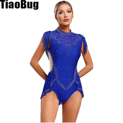 Rhinestone Mock Neck Mesh Tassel Leotard