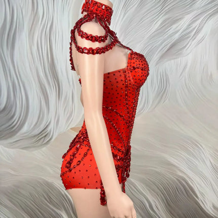 Sparkly Rhinestone Tassel Spandex Bodysuit Halter Dance Stage Costume Leotard