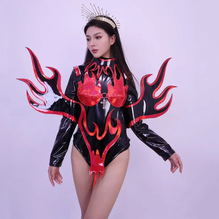 Flame Patent Leather Bodysuit & Sculpted Wing Shoulders 2-Piece Stage Costume Set