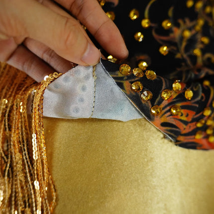 Gold Rhinestone & Tassel Sleeveless Bodysuit Salsa Latin Dance Stage Costume