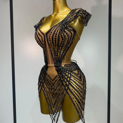 Sparkly Rhinestone Mesh Strapless Mini Dress Evening Stage Performance Outfit