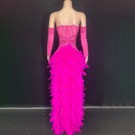 The Stardust Showgirl Finale – Rhinestone Bodysuit & Feather Train Costume