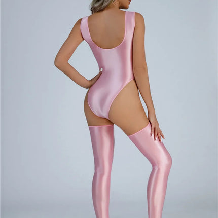 Backless High-Cut Oil Glossy Sheer Bodysuit & Matching Stockings Set