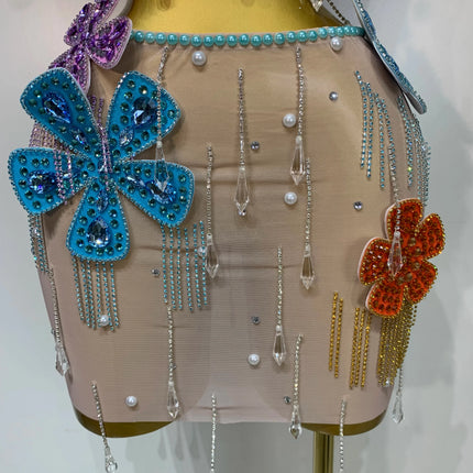 Colorful Rhinestone Pearl Sheer Dress & Two-Piece Mini Skirt Set Celebration Outfit