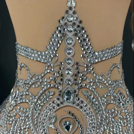 Sparkly Rhinestone & White Feather Long-Sleeve Bodysuit Stage Costume