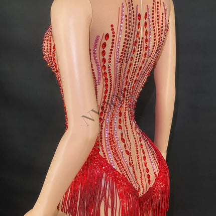 Sparkly Rhinestone, Sequin & Fringe Sleeveless Bodysuit Stage Performance Costume